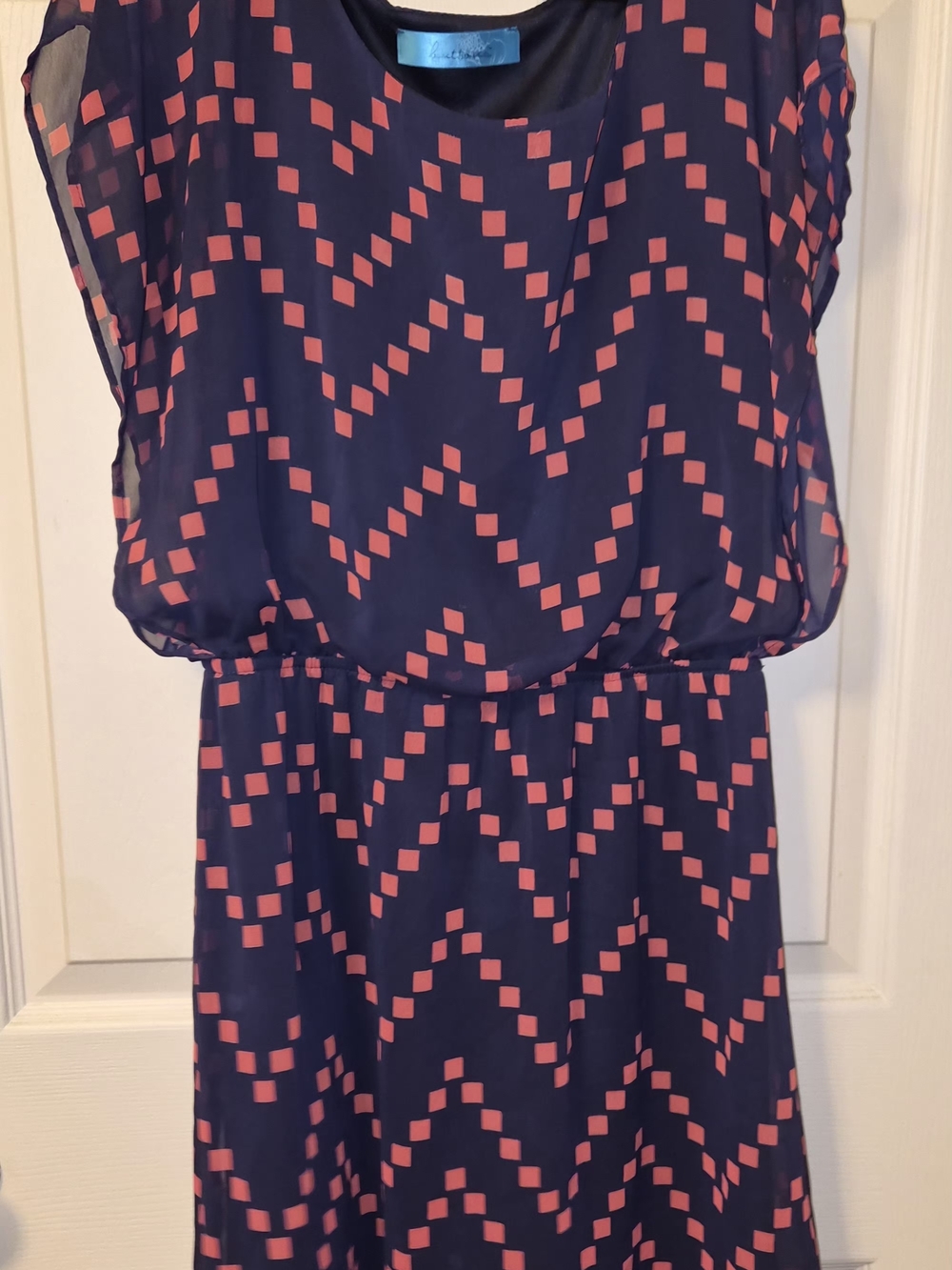 buttons Navy Dress with Coral Geometric Print